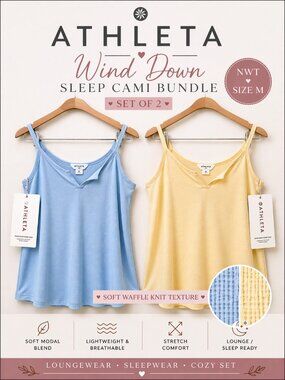 NWT Athleta Wind Down Sleep Cami Set Blue Yellow M NWT Modal Blend Lounge Soft